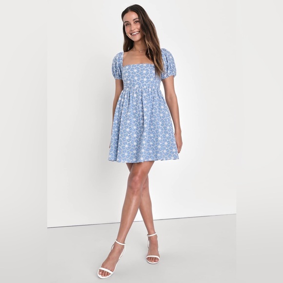 Lulus Dresses & Skirts - Lulus Fit to Frolic Blue Eyelet Lace Puff Sleeve Babydoll Dress size Large Beach
